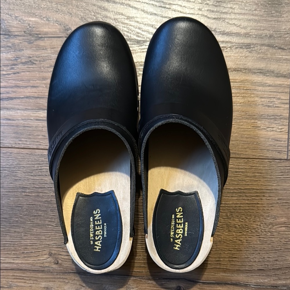 Swedish Hasbeens Black Leather Slip-Ons